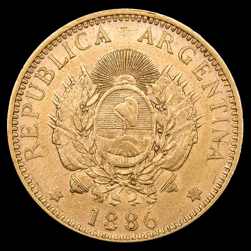 ARGENTINA - CINCO PESOS - UN ARGENTINO, 1886 - MONEDA DE ORO