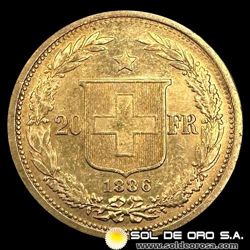 SUIZA - CONFEDERACION HELVETICA - 20 FRANCOS, 1886 - MONEDA DE ORO 