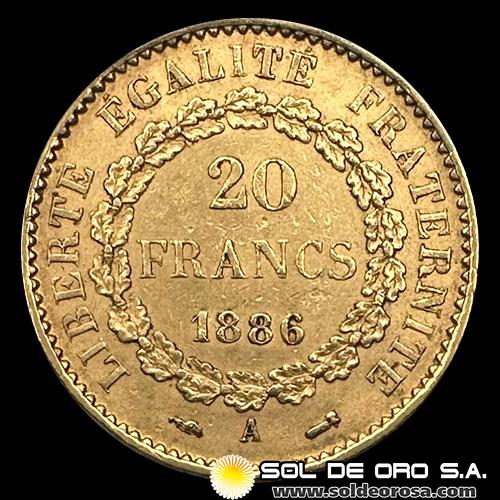 FRANCIA - REPUBLIQUE FRANCAISE - 20 FRANCOS, TIPO ANGEL ESCRIBIENDO - 1886 - MONEDA DE ORO