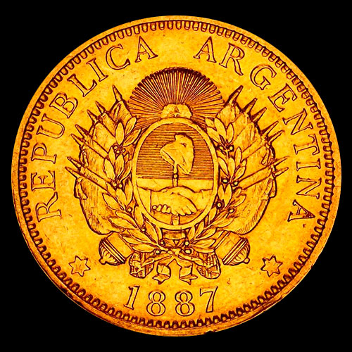 ARGENTINA - CINCO PESOS - UN ARGENTINO, 1887 - MONEDA DE ORO