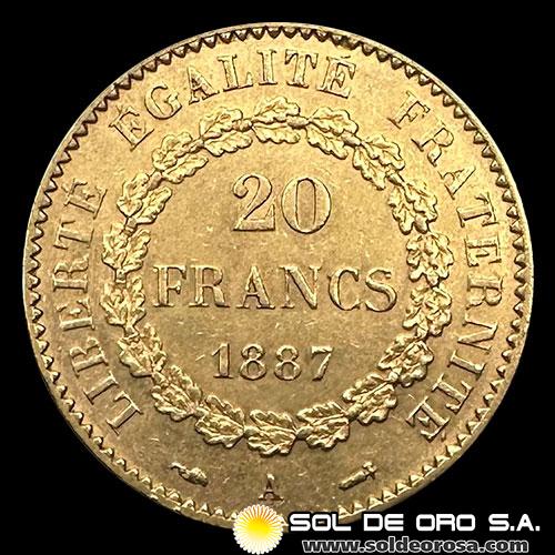 FRANCIA - REPUBLIQUE FRANCAISE - 20 FRANCOS, TIPO ANGEL ESCRIBIENDO - 1887 - MONEDA DE ORO