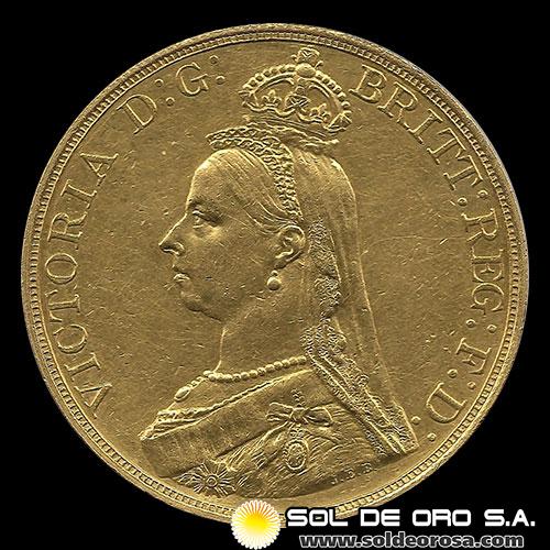 INGLATERRA - 5 POUNDS, LIBRA INGLESA (VICTORIA - CABEZA VIEJA) - 1887 - MONEDA DE ORO