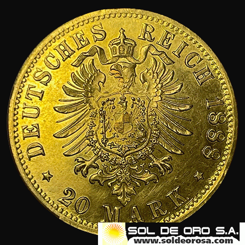 ALEMANIA - 20 MARCOS - WILHELM DEUTSCHER KAISER KONIG V. PREUSSEN - 1888 - MONEDA DE ORO