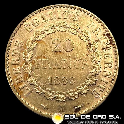 FRANCIA - REPUBLIQUE FRANCAISE - 20 FRANCOS, TIPO ANGEL ESCRIBIENDO - 1889 - MONEDA DE ORO