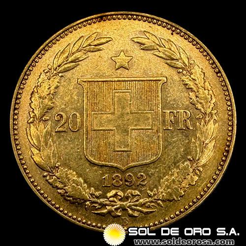 SUIZA - CONFEDERACION HELVETICA - 20 FRANCOS, 1892 - MONEDA DE ORO 