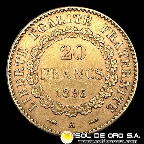 FRANCIA - 20 FRANCOS, TIPO ANGEL ESCRIBIENDO, 1895 - MONEDA DE ORO