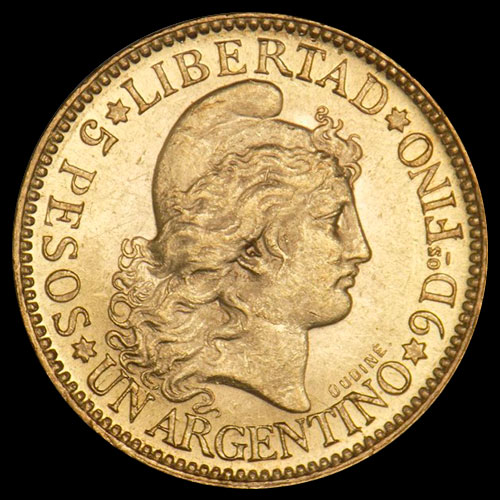 ARGENTINA - CINCO PESOS - UN ARGENTINO, 1896 - MONEDA DE ORO