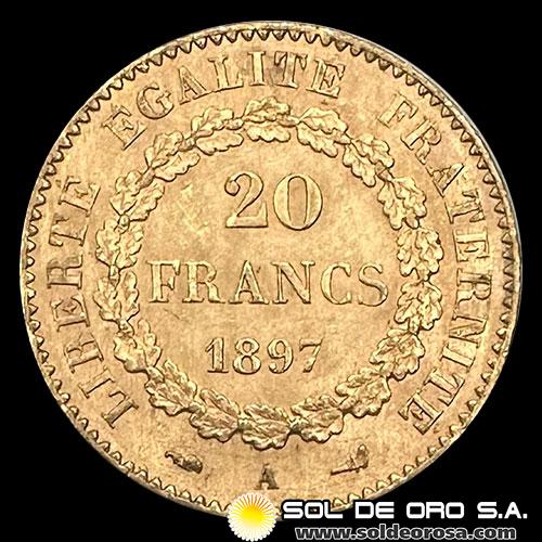 FRANCIA - REPUBLIQUE FRANCAISE - 20 FRANCOS, TIPO ANGEL ESCRIBIENDO, 1897 - MONEDA DE ORO