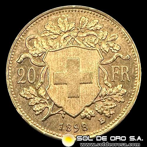 SUIZA - 20 FRANCOS, VRENELLI - 1898 - MONEDA DE ORO