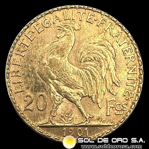 FRANCIA - REPUBLIQUE FRANCAISE - 20 FRANCOS, TIPO ROOSTER - 1901 - MONEDA DE ORO