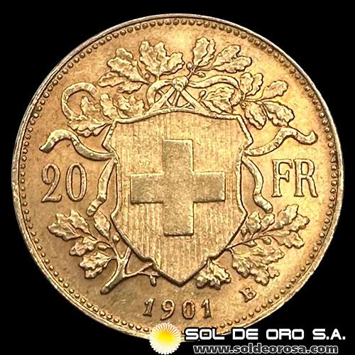 SUIZA - 20 FRANCOS, VRENELLI - 1901 - MONEDA DE ORO