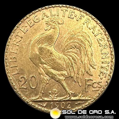 FRANCIA - REPUBLIQUE FRANCAISE - 20 FRANCOS, TIPO ROOSTER - 1902 - MONEDA DE ORO