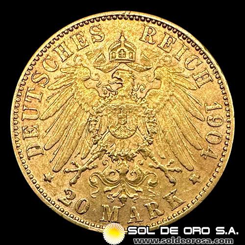 ALEMANIA - 20 MARCOS - WILHELM II DEUTSCHER KAISER KONIG V. PREUSSEN - 1904 - MONEDA DE ORO