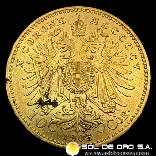 AUSTRIA - 10 CORONAS, 1905 - MONEDA DE ORO