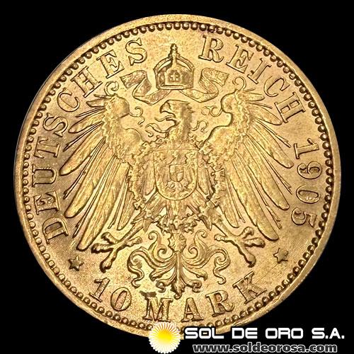 ALEMANIA - 10 MARK - WILHELM II DEUTSCHER KAISER KONIG V. PREUSSEN - 1905 - MONEDA DE ORO