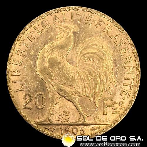 FRANCIA - REPUBLIQUE FRANCAISE - 20 FRANCOS, TIPO ROOSTER - 1905 - MONEDA DE ORO