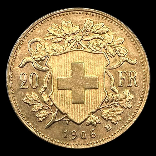 SUIZA - 20 FRANCOS, VRENELLI - 1906 - MONEDA DE ORO