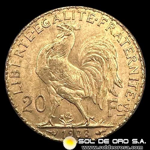 FRANCIA - REPUBLIQUE FRANCAISE - 20 FRANCOS, TIPO ROOSTER - 1908 - MONEDA DE ORO