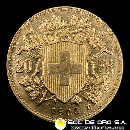 SUIZA - 20 FRANCOS, VRENELLI - 1908 - MONEDA DE ORO