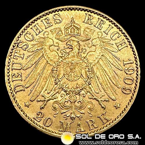 ALEMANIA - 20 MARCOS - WILHELM II DEUTSCHER KAISER KONIG V. PREUSSEN - 1909 - MONEDA DE ORO