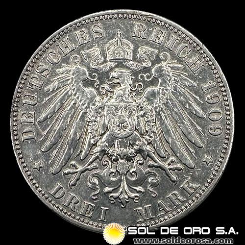 NA1 - ALEMANIA - 3 MARK, 1909 - FREDERICK AUGUST III - REINO DE SAJONIA - MONEDA DE PLATA