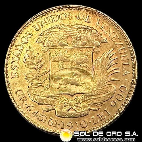 ESTADOS UNIDOS DE VENEZUELA - 20 BOLIVARES, 1910 - SIMON BOLIVAR - MONEDA DE ORO