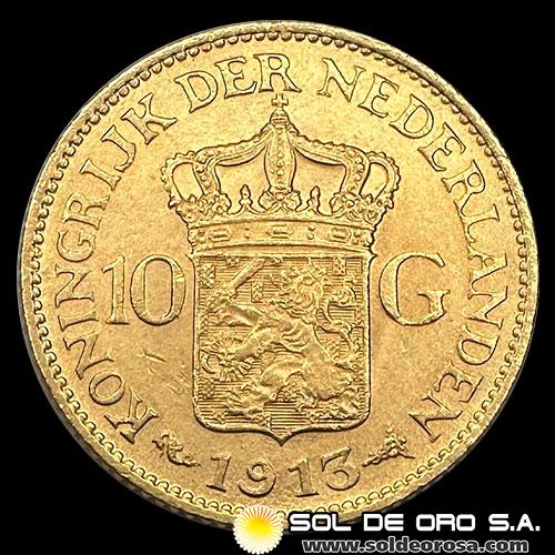 HOLANDA - 10 GULDEN, GUILLERMINA - 1913 - MONEDA DE ORO