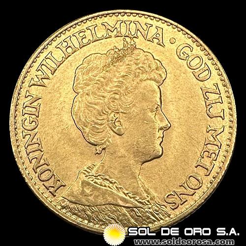 HOLANDA - 10 GULDEN, GUILLERMINA - 1913 - MONEDA DE ORO