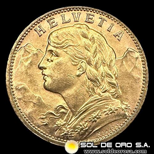 SUIZA - 20 FRANCOS, VRENELLI - 1907 - MONEDA DE ORO