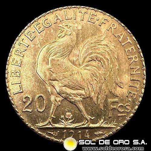 FRANCIA - REPUBLIQUE FRANCAISE - 20 FRANCOS, TIPO ROOSTER - 1914 - MONEDA DE ORO