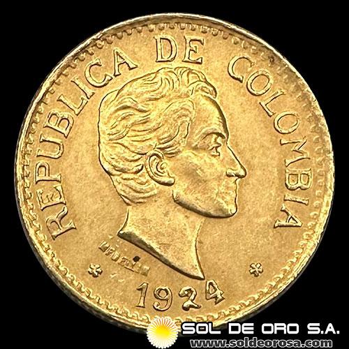 REPUBLICA DE COLOMBIA - 5 PESOS, 1924 - SIMON BOLIVAR - MONEDA DE ORO