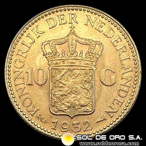 HOLANDA - 10 GULDEN, GUILLERMINA - 1932 - MONEDA DE ORO