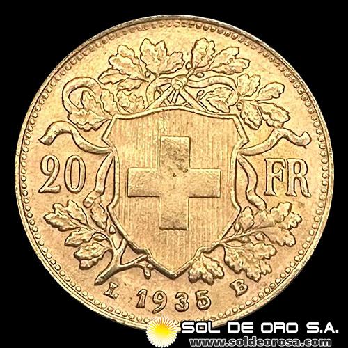 SUIZA - 20 FRANCOS, VRENELLI - 1935 - MONEDA DE ORO