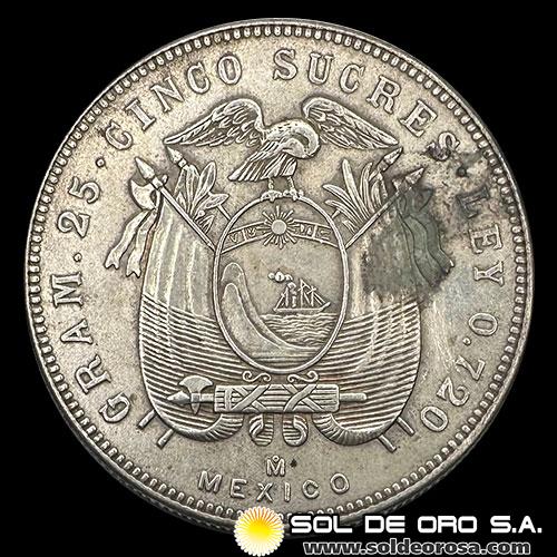 NA2 - REPUBLICA DEL ECUADOR - 5 SUCRES, 1943 - MONEDA DE PLATA