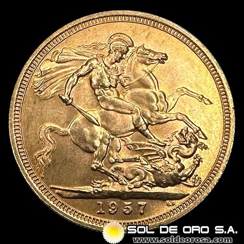 INGLATERRA - SOVEREIGN, LIBRA INGLESA (ELIZABETH II - SIN CORONA), 1957 - MONEDA DE ORO
