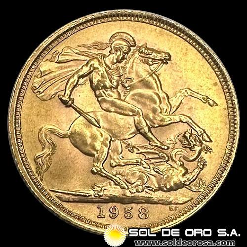 INGLATERRA - SOVEREIGN, LIBRA INGLESA (ELIZABETH II - SIN CORONA), 1958 - MONEDA DE ORO