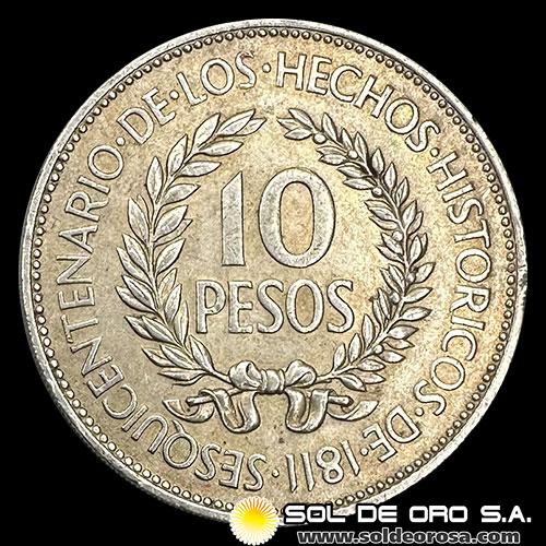 NA4 - URUGUAY - 10 PESOS, 1961 - GAUCHO HEROE NACIONAL - MONEDA DE PLATA