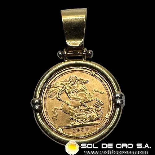 INGLATERRA - SOVEREIGN, LIBRA INGLESA (ELIZABETH II - SIN CORONA) - 1963 - ENGARCE DE 18K - MONEDA DE ORO