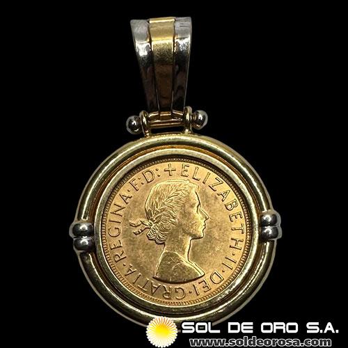 INGLATERRA - SOVEREIGN, LIBRA INGLESA (ELIZABETH II - SIN CORONA) - 1963 - ENGARCE DE 18K - MONEDA DE ORO