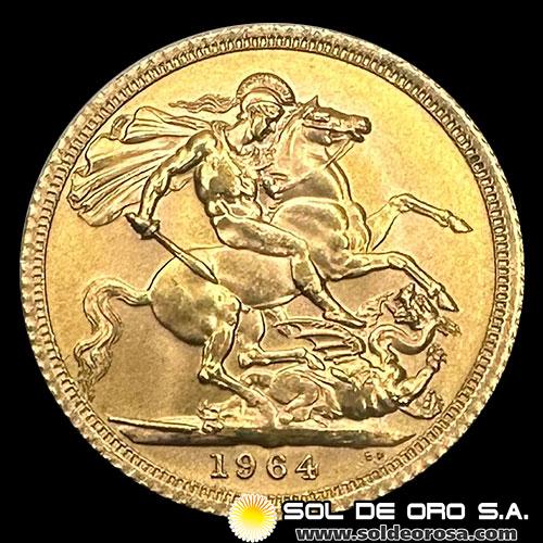 INGLATERRA - SOVEREIGN, LIBRA INGLESA (ELIZABETH II - SIN CORONA), 1964 - MONEDA DE ORO