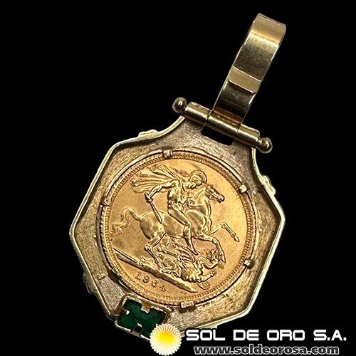 INGLATERRA - SOVEREIGN, LIBRA INGLESA (ELIZABETH II - SIN CORONA) - 1964 - ENGARCE 18K - MONEDA DE ORO