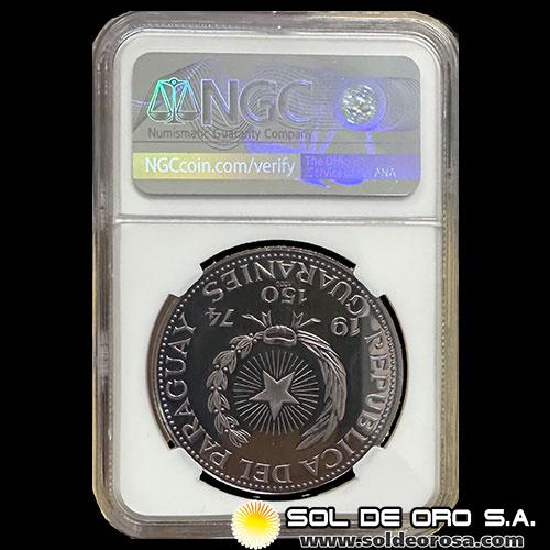 72 - PARAGUAY - PM 146 - 150 GUARANIES, 1974 - Motivo: WINSTON CHURCHILL - ENCAPSULADO NGC - MONEDAS CONMEMORATIVAS DE PLATA