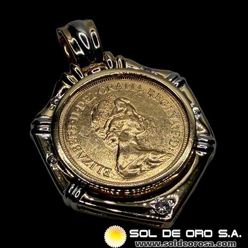 INGLATERRA - SOVEREIGN, LIBRA INGLESA (ELIZABETH II - CORONADA) - 1979 - ENGARCE DE 18K CON BRILLANTES - MONEDA DE ORO