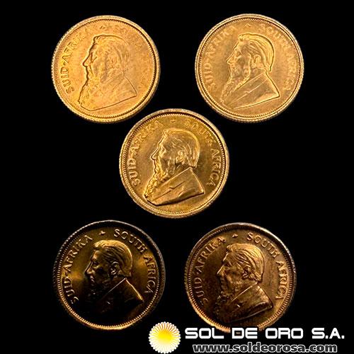 SUDAFRICA - 1/10 oz., KRUGERRAND - LOTE DE 5 MONEDA DE ORO