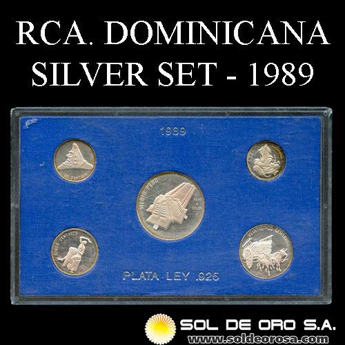 REPUBLICA DOMINICANA - 1, 5, 10, 25 CENTAVOS Y MEDIO PESO, 1989 - RARE - SET CONMEMORATIVO DE PLATA