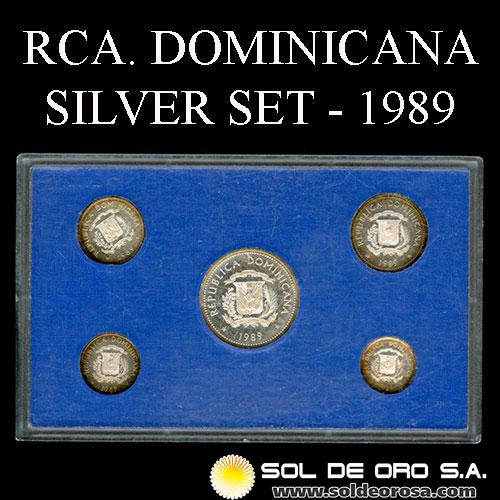 REPUBLICA DOMINICANA - 1, 5, 10, 25 CENTAVOS Y MEDIO PESO, 1989 - RARE - SET CONMEMORATIVO DE PLATA