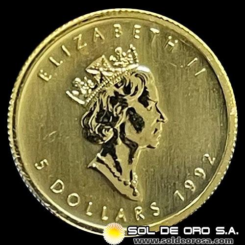 CANADA - 1/10 oz., 5 DOLLARS - 1992 - MAPLE - ELIZABETH II - MONEDA DE ORO