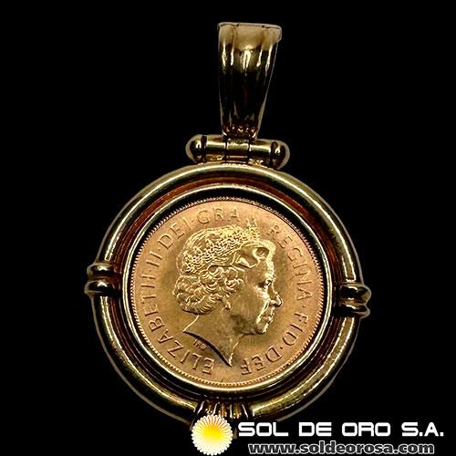 INGLATERRA - SOVEREIGN, LIBRA INGLESA (ELIZABETH II - CABEZA VIEJA) - 2000 - ENGARCE DE 18K - MONEDA DE ORO