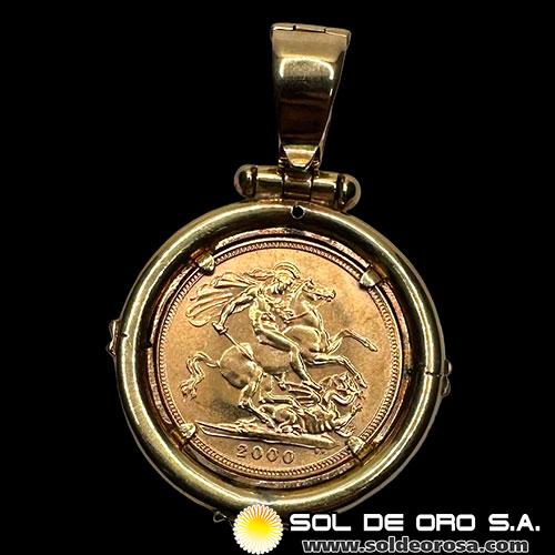INGLATERRA - SOVEREIGN, LIBRA INGLESA (ELIZABETH II - CABEZA VIEJA) - 2000 - ENGARCE DE 18K - MONEDA DE ORO