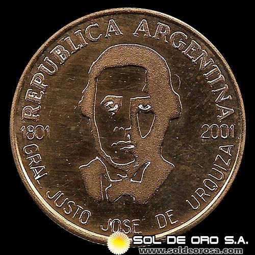 REPUBLICA ARGENTINA - CINCO PESOS, 2001 - GENERAL JUSTO JOSE DE URQUIZA - MONEDA DE ORO